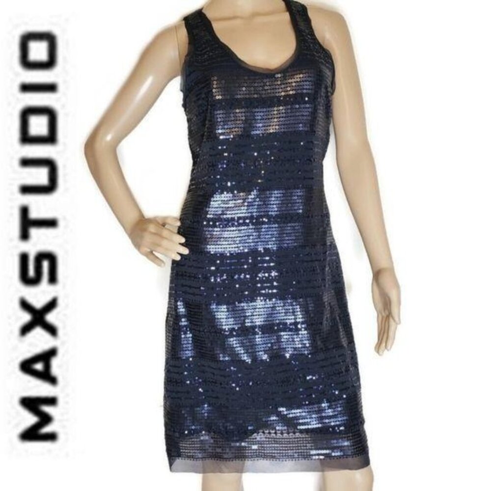 Max Studio navy blue  Black Sequin Sleeveless Dress size Medium dinner date dres